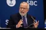 Pastor Ed Litton, of Saraland, Ala., answers questions after being elected as president of the Southern Baptist Convention Tuesday, June 15, 2021, in Nashville, Tenn. (AP Photo/Mark Humphrey)