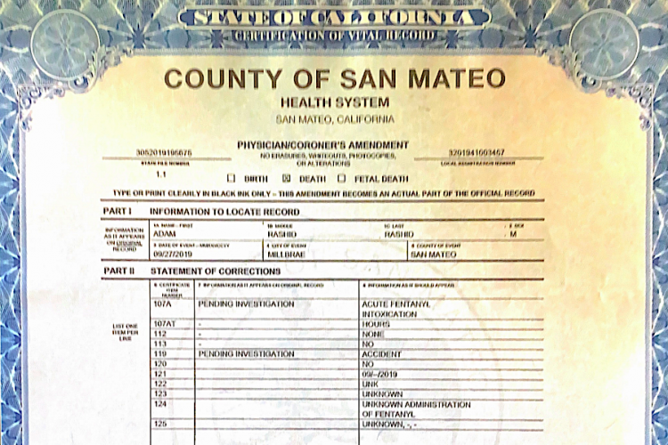 From Adam Rashid's death certificate. County of San Mateo Health System