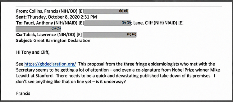 The Collins email to Fauci. NIH
