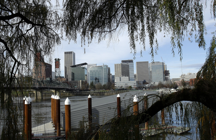 The Portland skyline is visible through trees on the east bank of the Willamette River in Portland, Ore., Wednesday, Dec. 3, 2014. AP